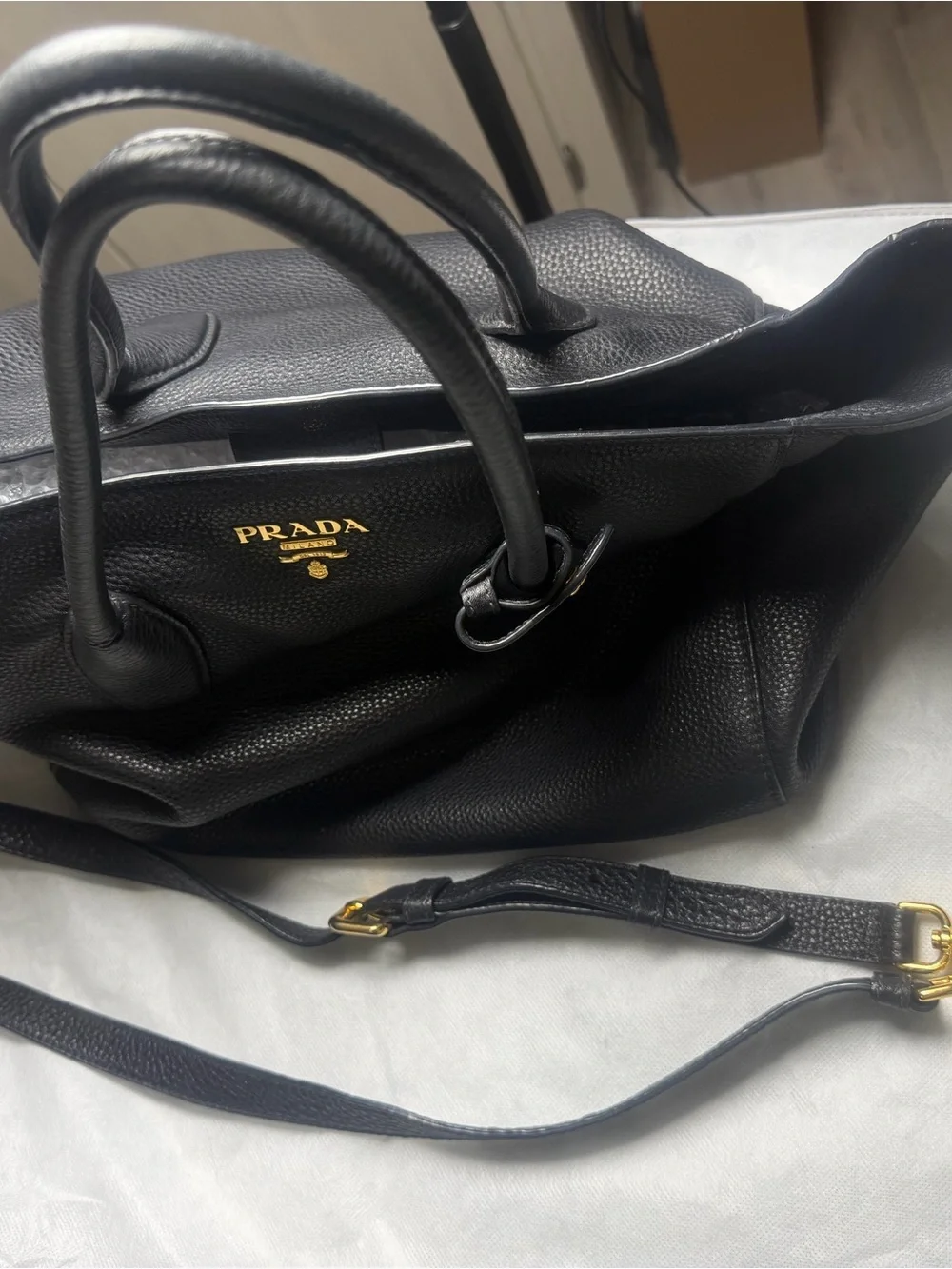 Prada Navy Blue Pebbled Leather Tote with Shoulder Strap